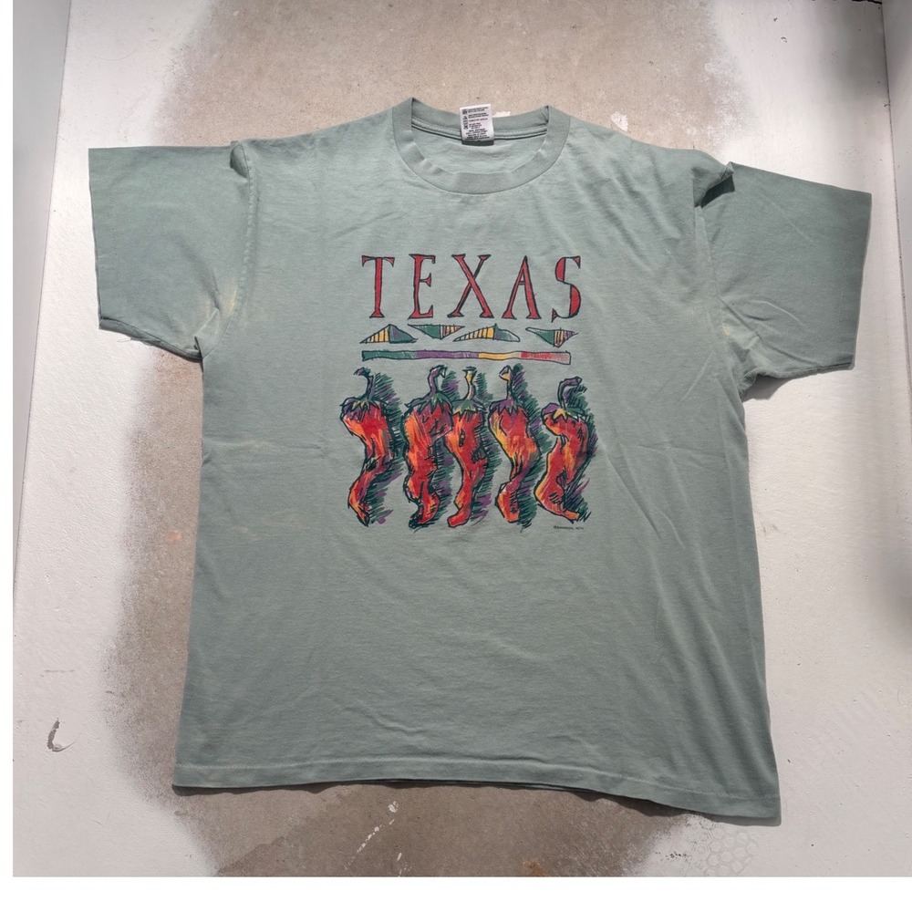Vintage 1996 Texas Chili Peppers T-Shirt Anvil XL Sage Green Single Stitch Tee